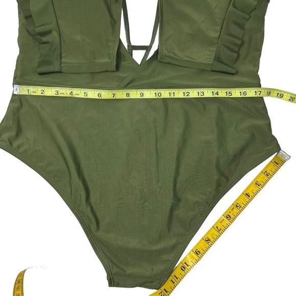 Olive Green One Piece Swim Suit Size 3X Plunging V-Neck Open Back Flutter Sleeve - Picture 9 of 16